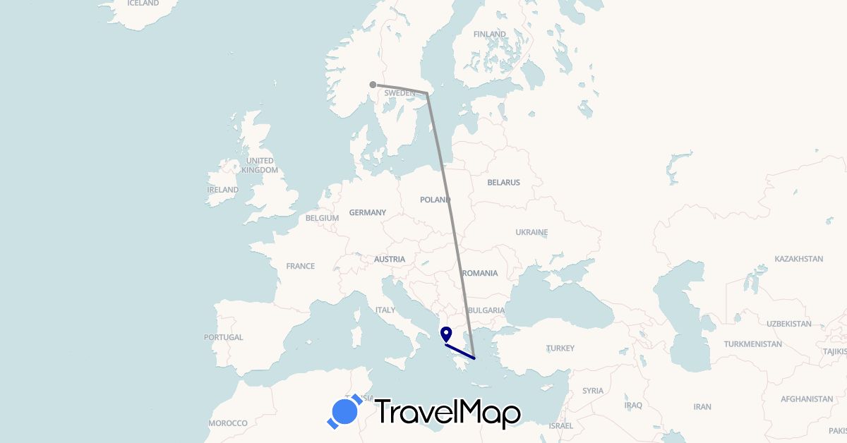 TravelMap itinerary: driving, plane in Greece, Norway, Sweden (Europe)
